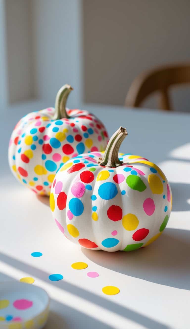 Close-up of one or two small pumpkins painted with colorful confetti dots, placed on a wooden tabletop.