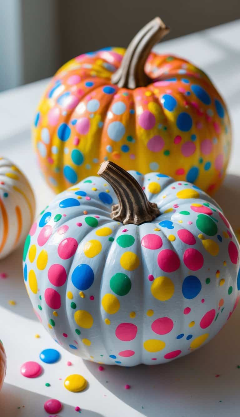 Close-up of one or two pumpkins painted with colorful rainbow sprinkles dots on a clean tabletop.