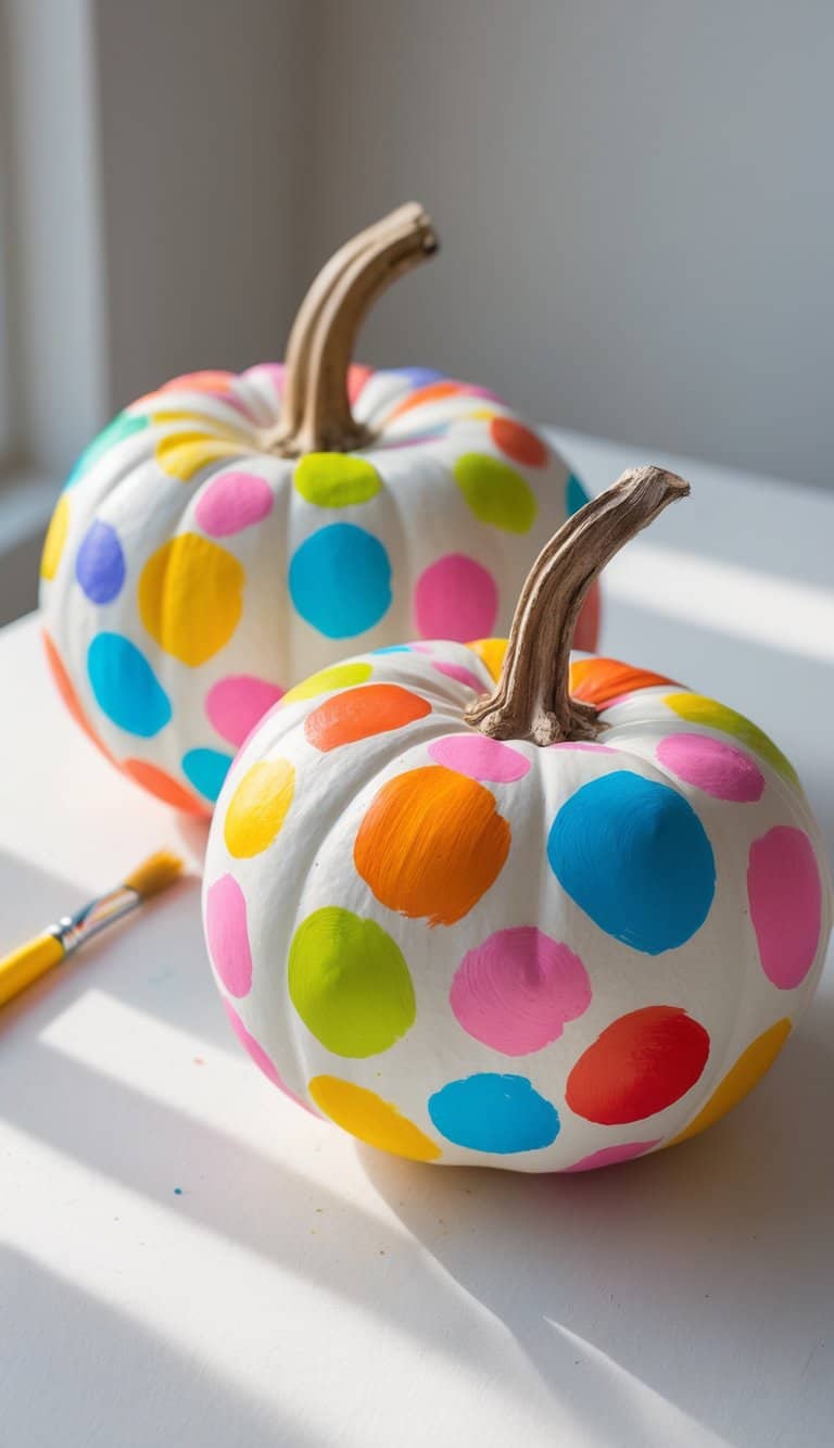 Close-up of one to two pumpkins painted with colorful confetti polka dots on a simple tabletop.