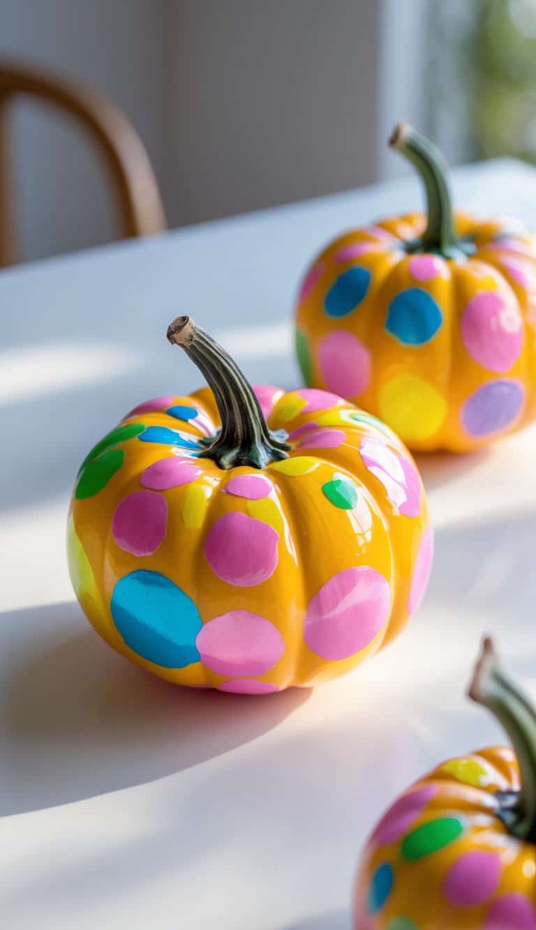 Close-up of one to two small pumpkins painted with colorful confetti patterns on a clean tabletop.