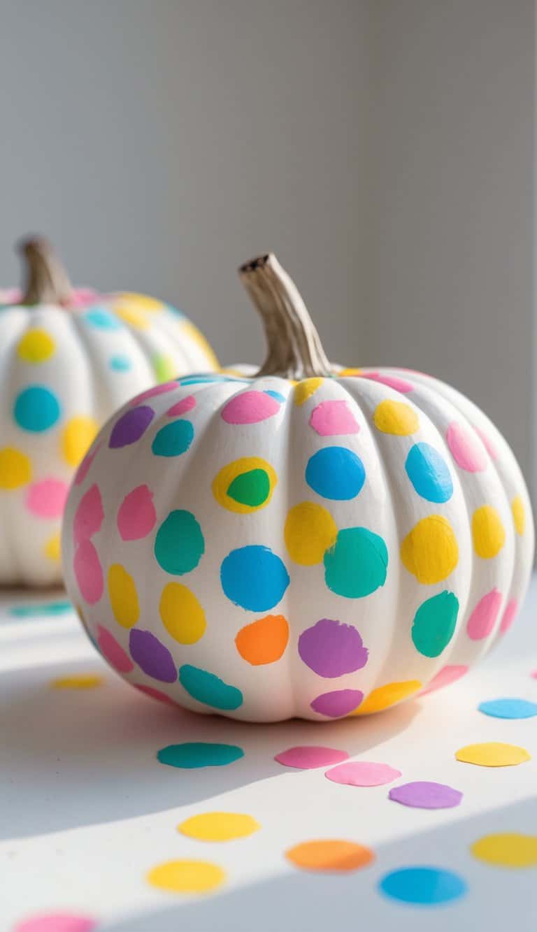 One to two pumpkins painted with colorful confetti spots on a tabletop.