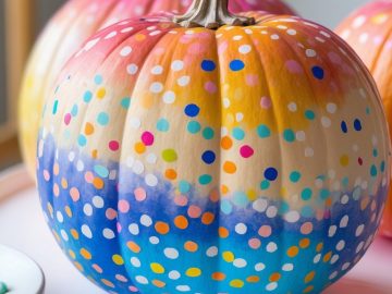 A pumpkin painted in a gradient of pink, orange, and blue with colorful polka dots sits on a white table. Other pumpkins and scattered confetti are visible in the background.
