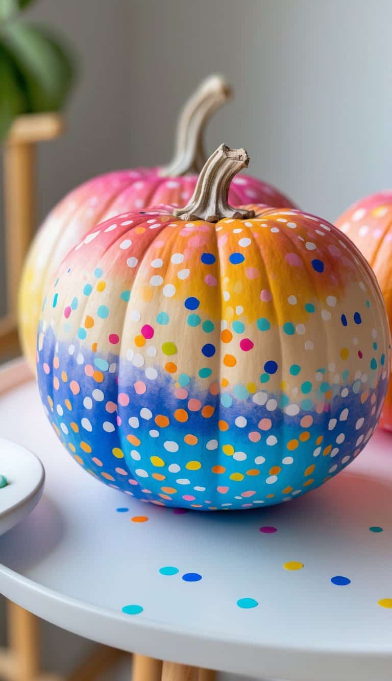 Close-up of one to two pumpkins painted with colorful confetti dots in an ombre pattern on a clean tabletop.