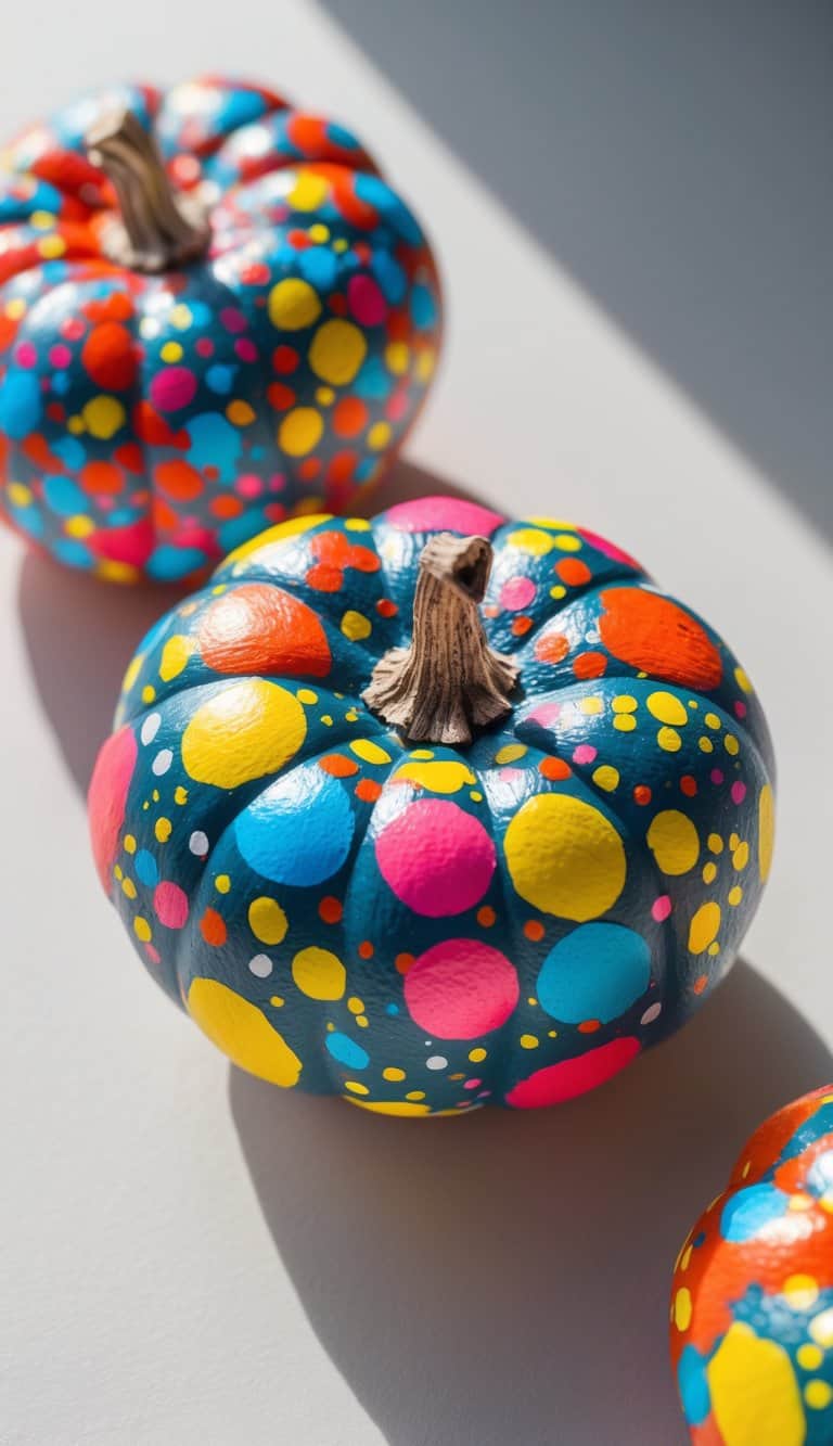 Close-up of one or two small pumpkins painted with colorful confetti dots sitting on a plain tabletop.