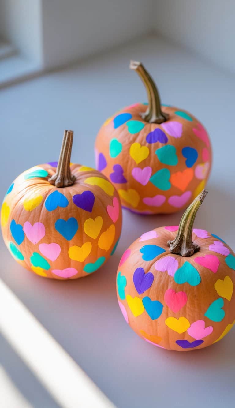 One to two small pumpkins painted with colorful heart-shaped confetti designs on a clean tabletop.