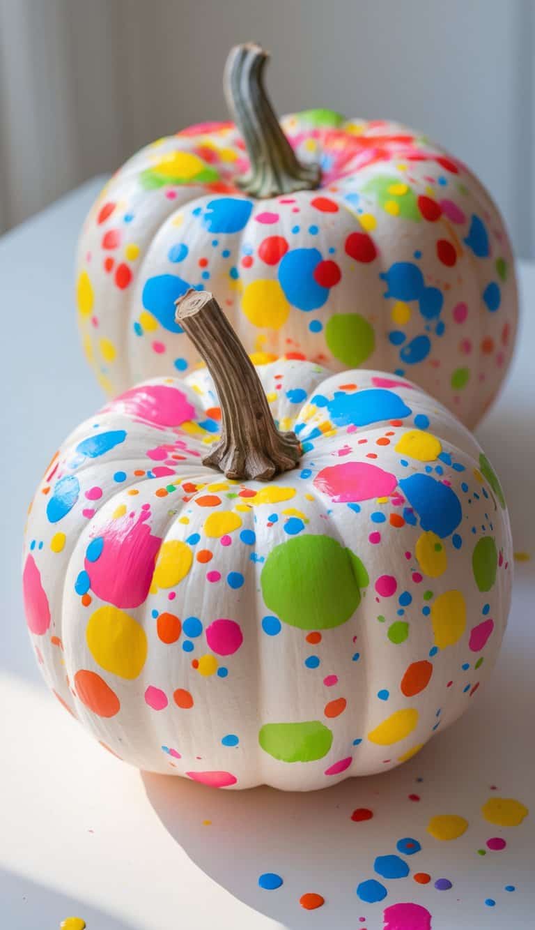Close-up of one to two pumpkins on a tabletop painted with colorful confetti paint splatters.