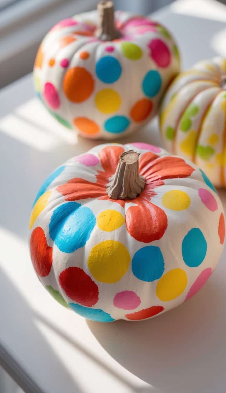 One to two pumpkins painted with colorful confetti swirl patterns sitting on a tabletop with soft natural light.