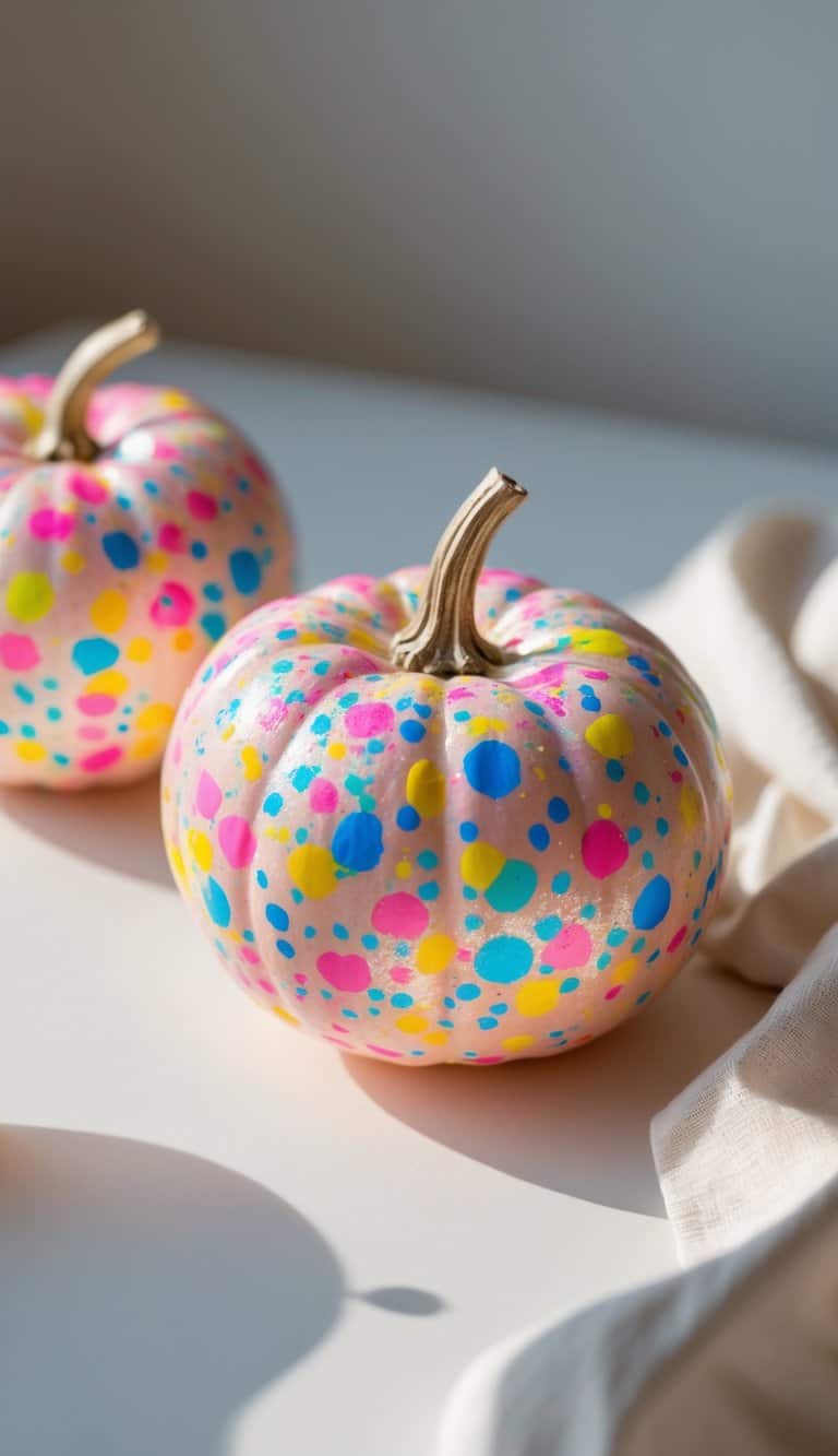 One to two small pumpkins painted with colorful confetti patterns and glitter, placed on a clean tabletop with soft natural light.