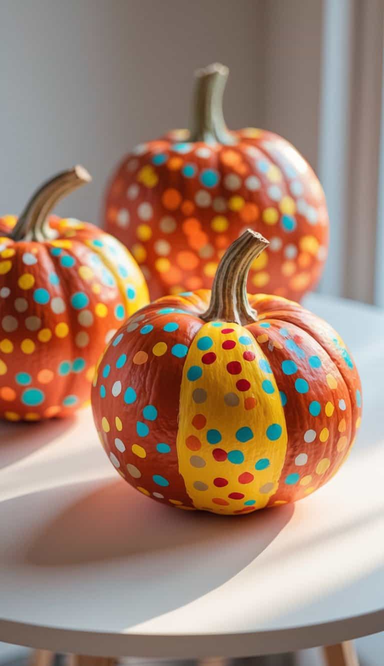 One to two pumpkins painted with colorful confetti dots sitting on a clean tabletop under soft daylight.
