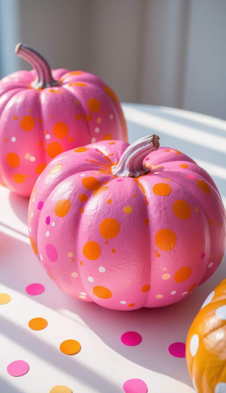 Close-up of one to two pumpkins painted with hot pink and orange confetti dots on a clean tabletop.