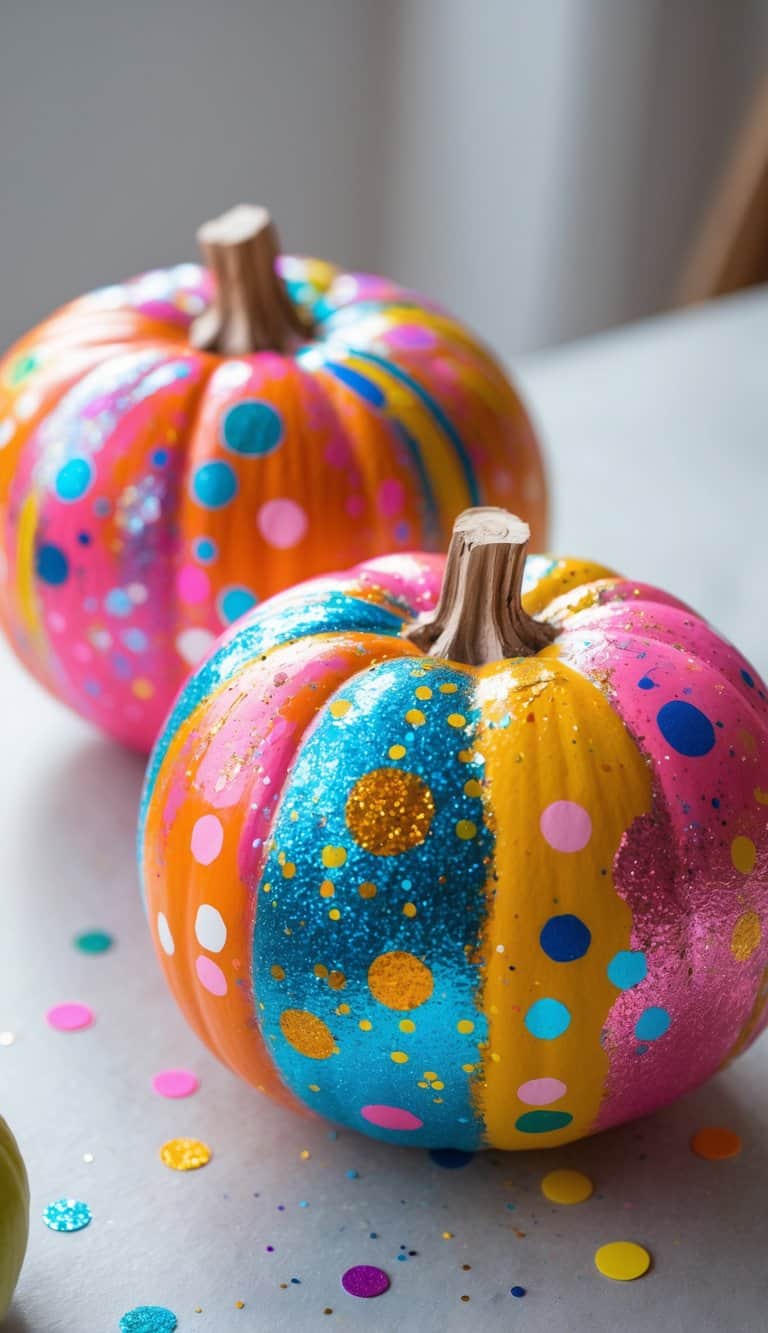 Close-up of one to two small painted pumpkins decorated with colorful glitter and confetti on a tabletop.