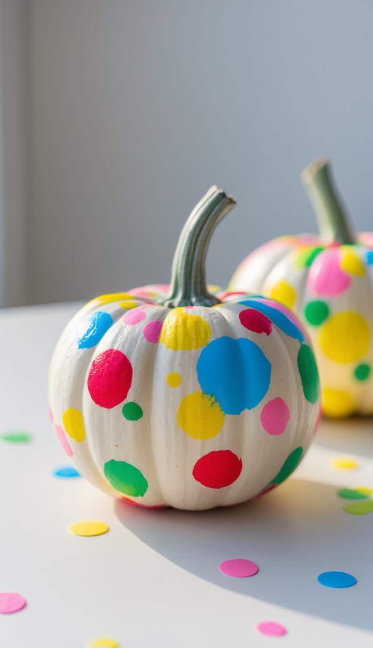 One to two small pumpkins painted with colorful confetti dots placed on a clean tabletop.