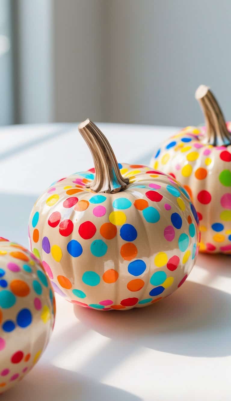 Close-up of one to two small pumpkins painted with colorful confetti dots on a clean tabletop.