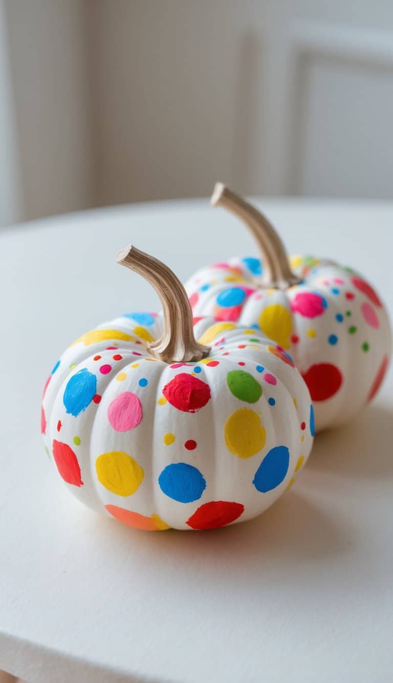 One or two small pumpkins painted with colorful confetti dots on a clean tabletop.