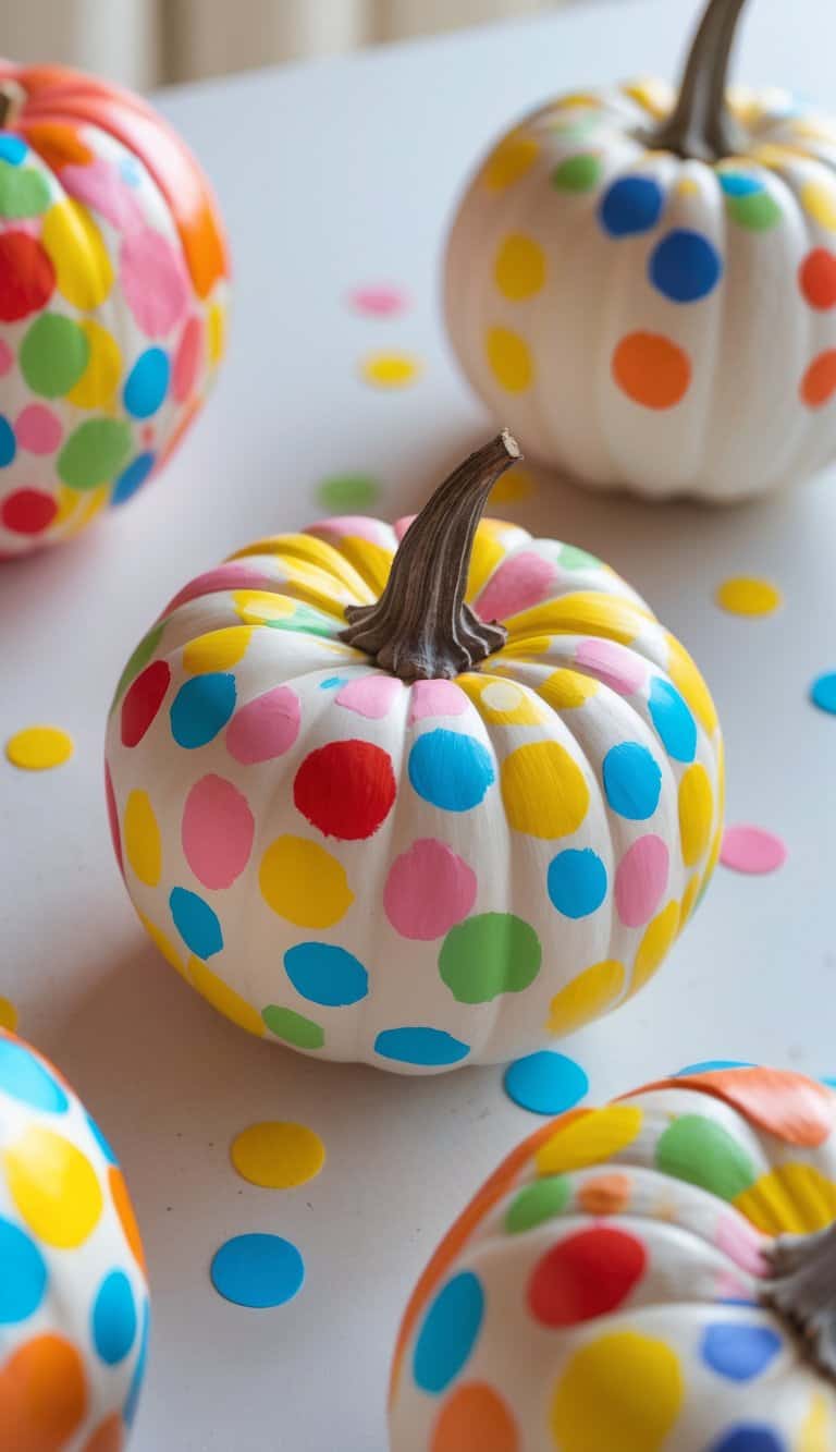 Close-up of one or two pumpkins painted with colorful confetti dots on a clean tabletop.