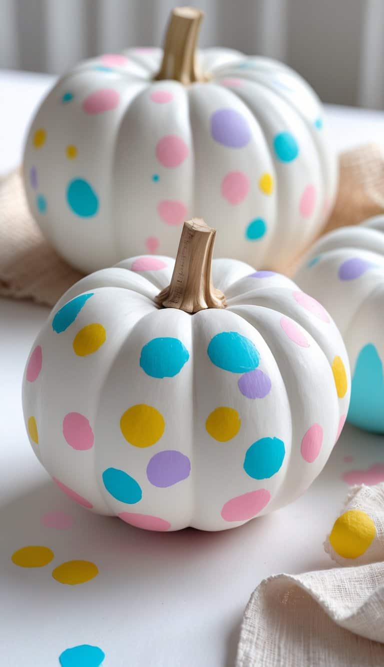 Close-up of one to two white pumpkins painted with colorful pastel confetti dots on a clean tabletop.
