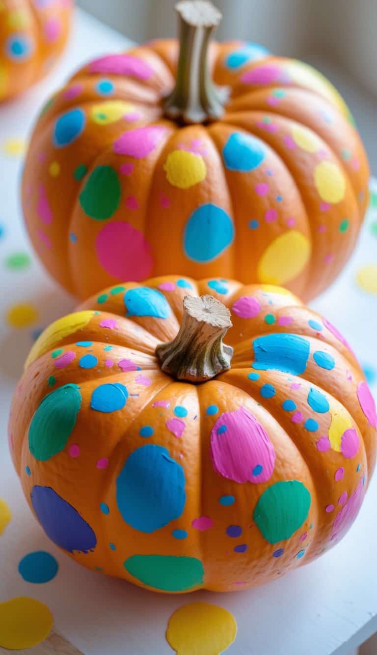 Close-up of one to two orange pumpkins painted with colorful confetti patterns on a tabletop.