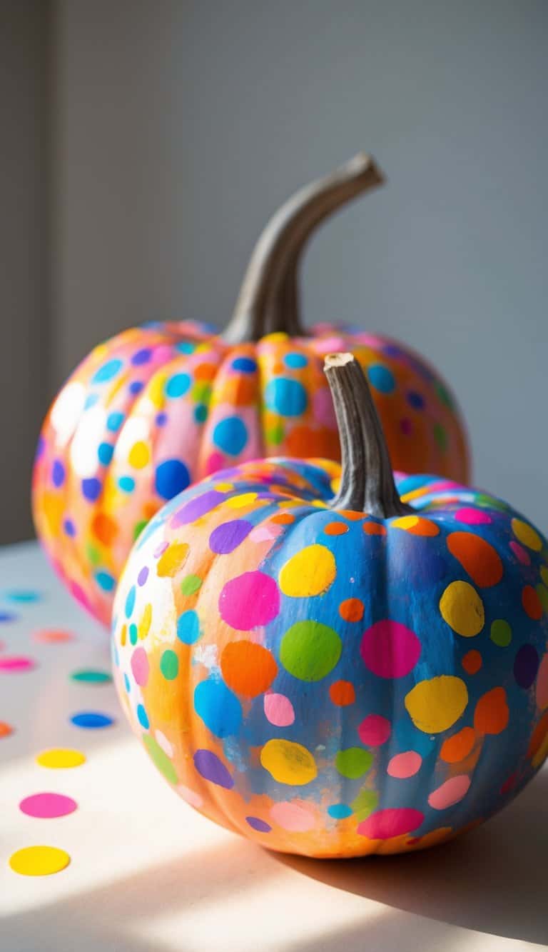 One to two pumpkins painted with colorful confetti patterns placed on a tabletop with soft natural light.