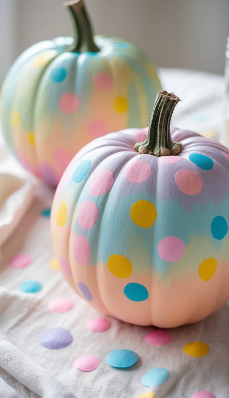 Close-up of one to two pumpkins on a tabletop painted with colorful confetti patterns.