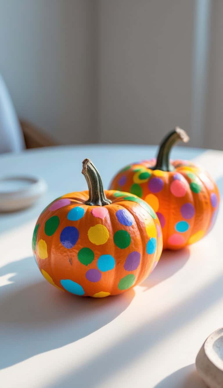 Close-up of one or two small pumpkins painted with colorful rainbow dots on a simple tabletop.