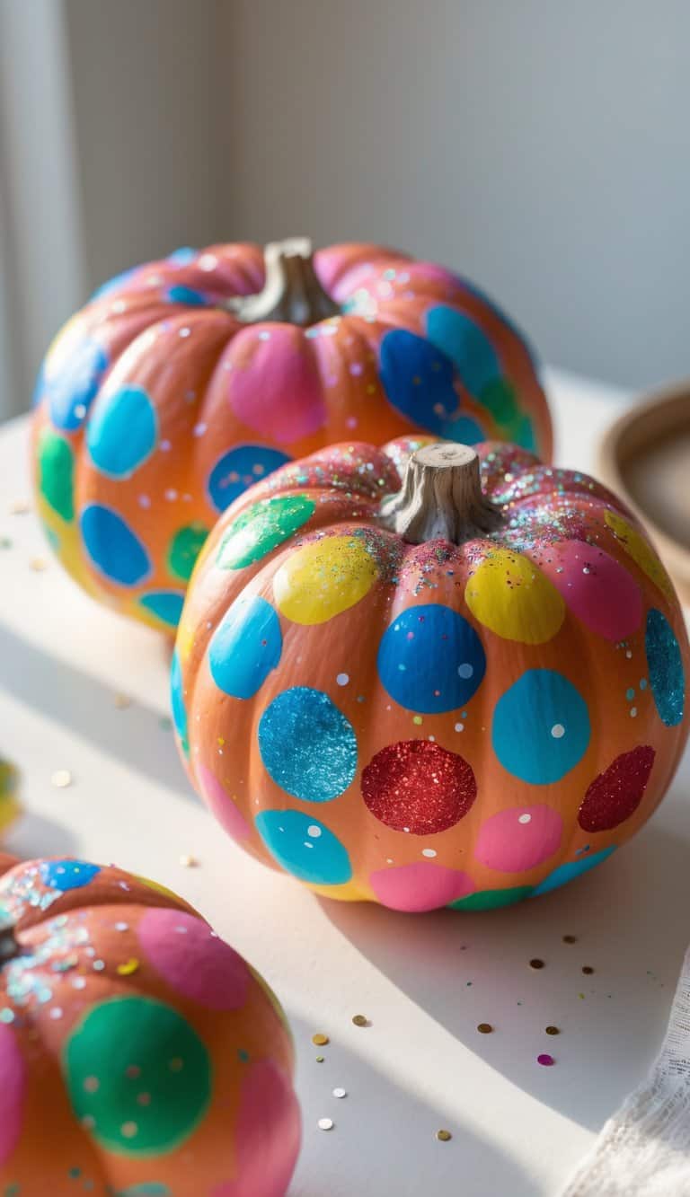 One or two painted pumpkins with colorful polka dots and glitter on a table with a simple background.
