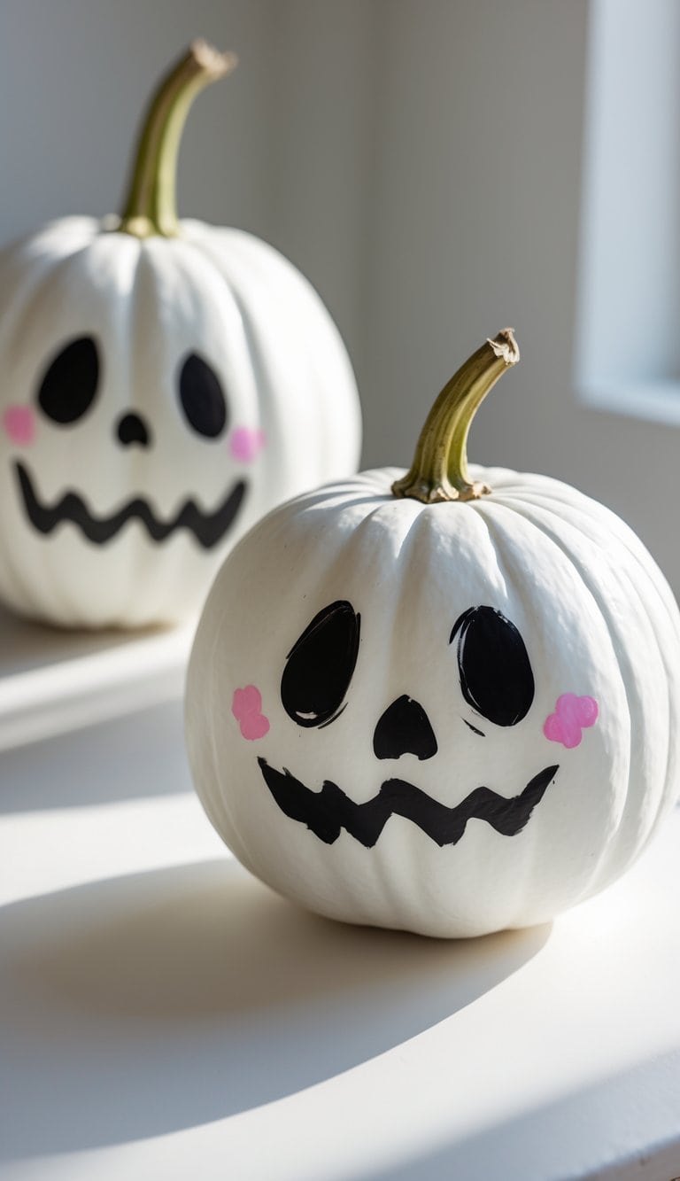 One or two white pumpkins painted with black ghost faces on a clean tabletop under soft daylight.