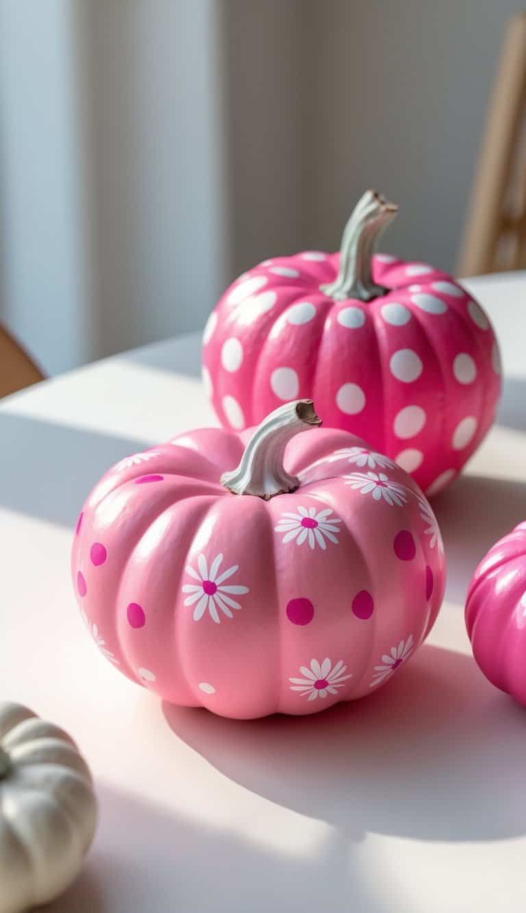 Close-up of one to two small pumpkins painted in bright pink with playful patterns, placed on a clean tabletop.