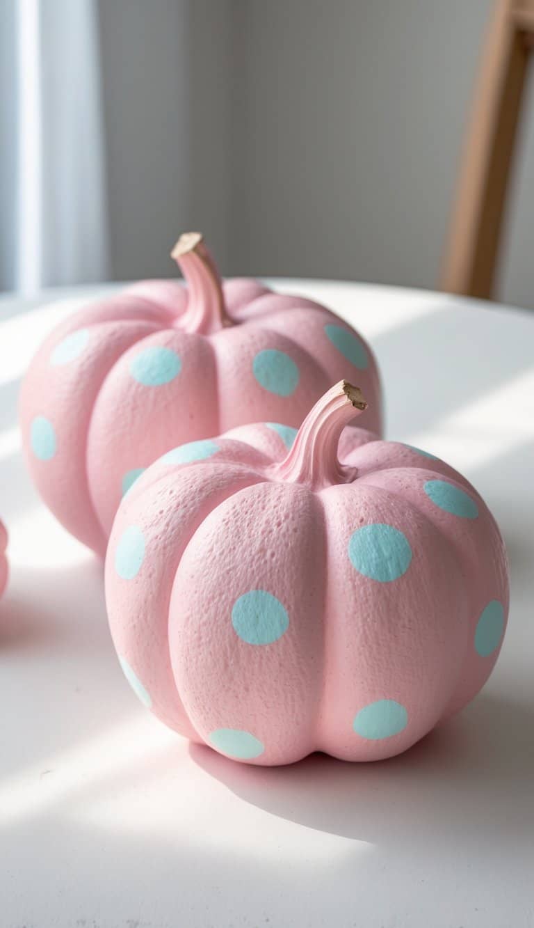One to two pastel pink pumpkins with white polka dots placed on a table under soft daylight.