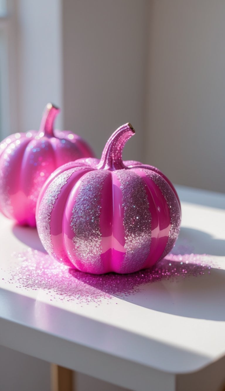 Close-up of one to two bright pink painted pumpkins coated with glitter on a clean tabletop.