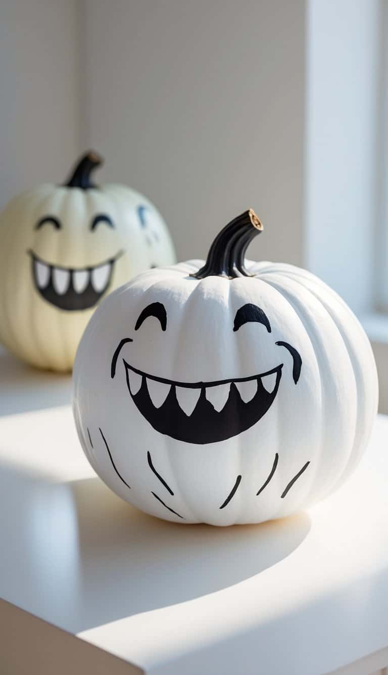Close-up of one or two painted pumpkins with smiling ghost faces and sharp black teeth on a tabletop.