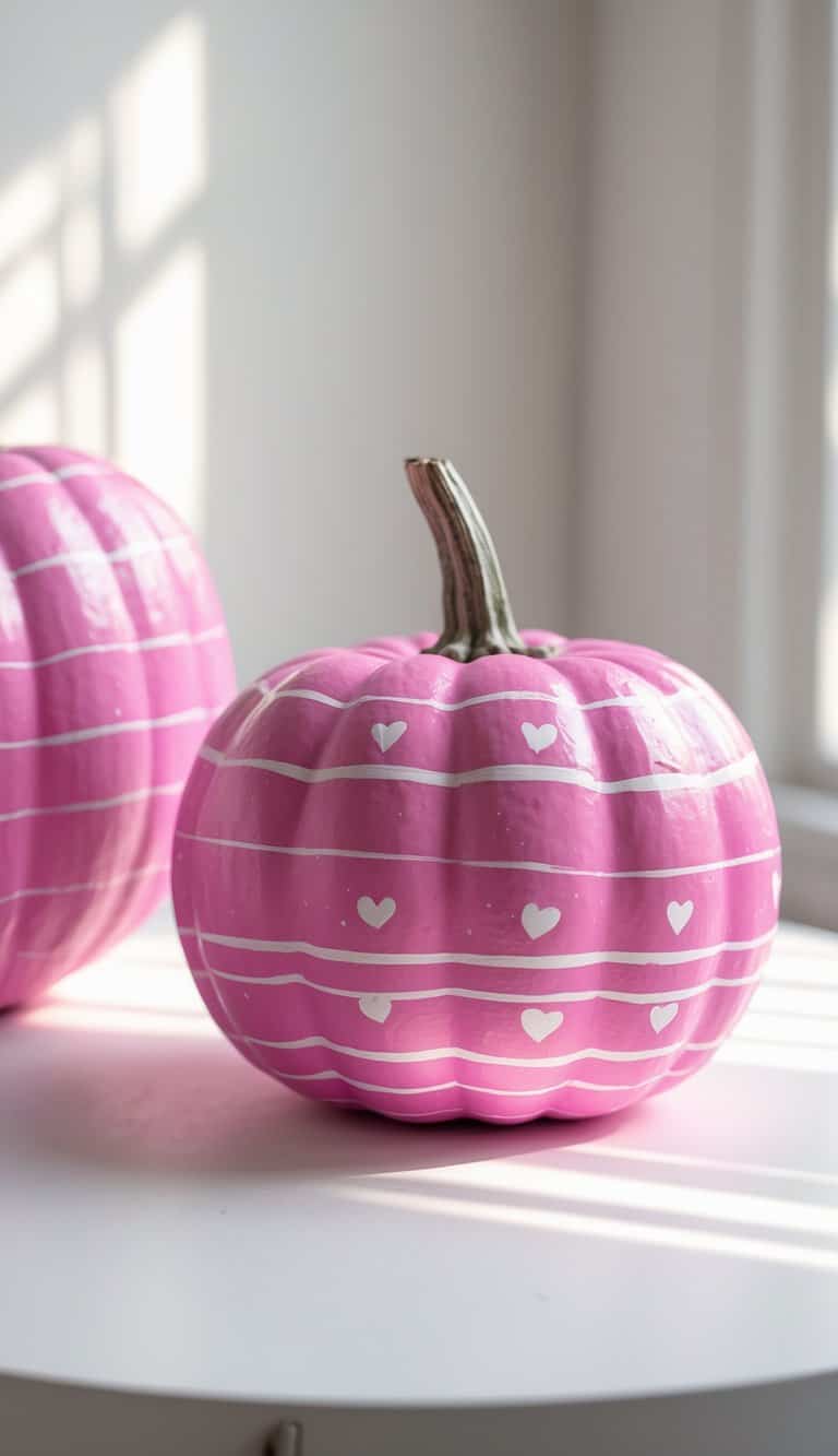 Close-up of one to two pumpkins painted with pink stripes and tiny hearts on a tabletop.