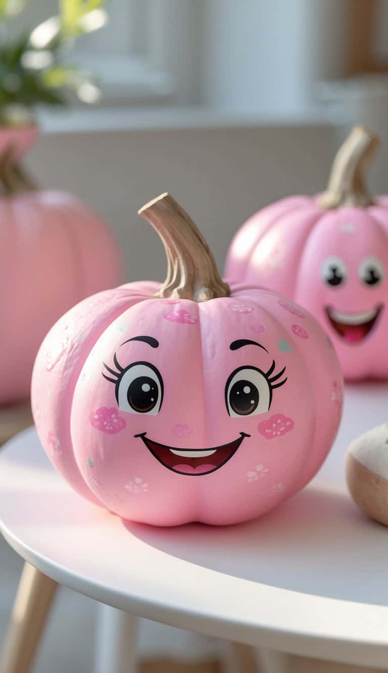 Close-up of one to two pink pumpkins with cute cartoon faces on a tabletop.