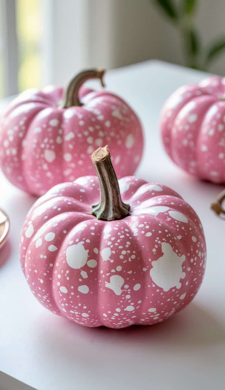 Close-up of one or two pink pumpkins with white splatter paint on a clean tabletop.