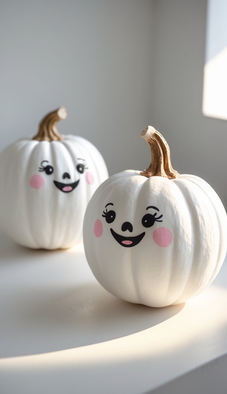 One or two painted pumpkins on a table, decorated as friendly ghosts with blushing cheeks.