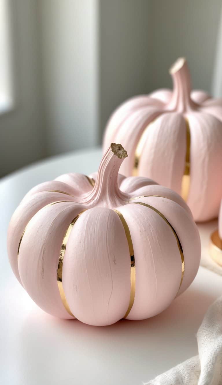 Close-up of one or two blush pink pumpkins with a single gold line on a clean tabletop.