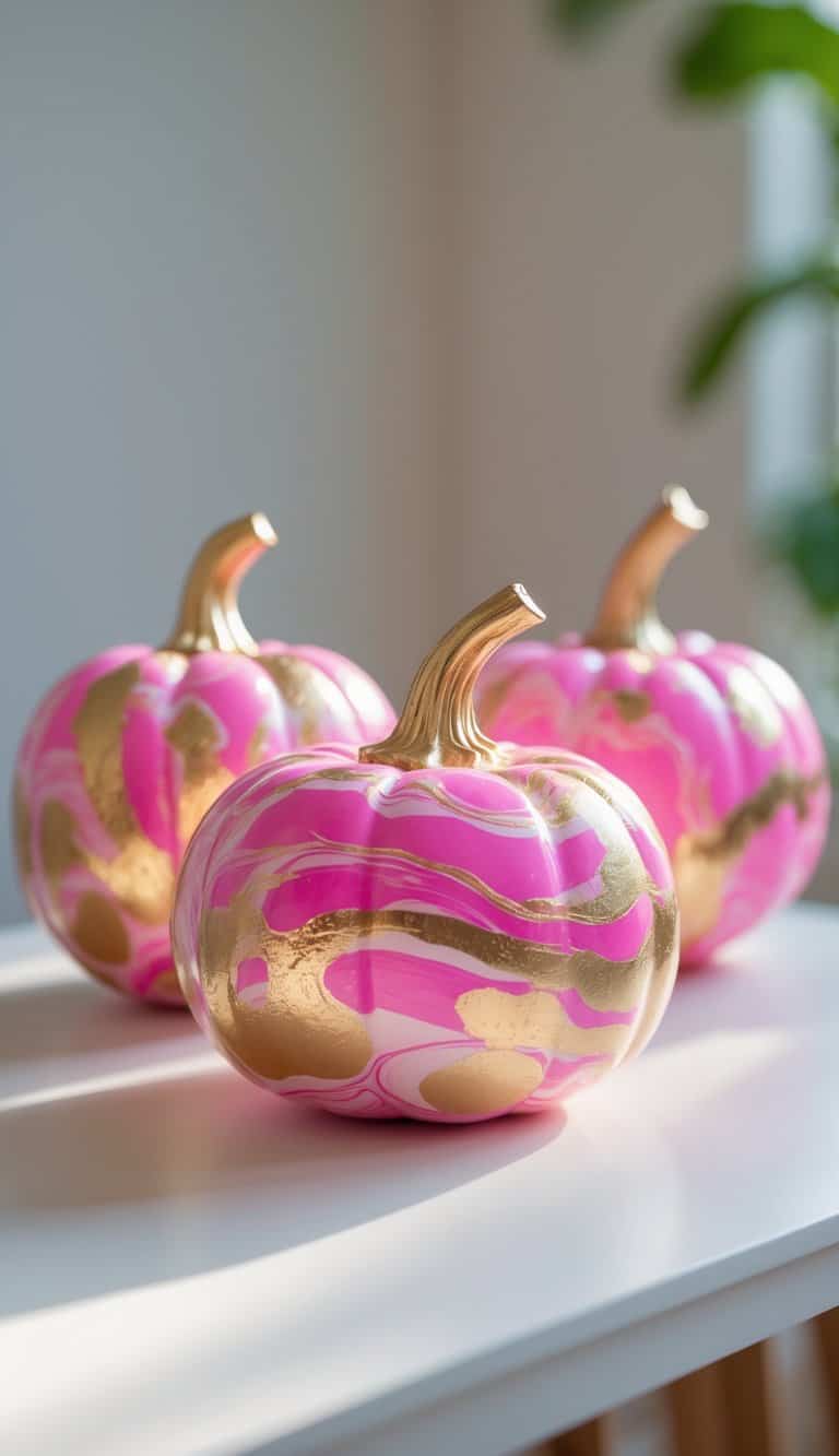 One to two pumpkins painted with pink and gold marbled patterns on a clean tabletop under soft daylight.