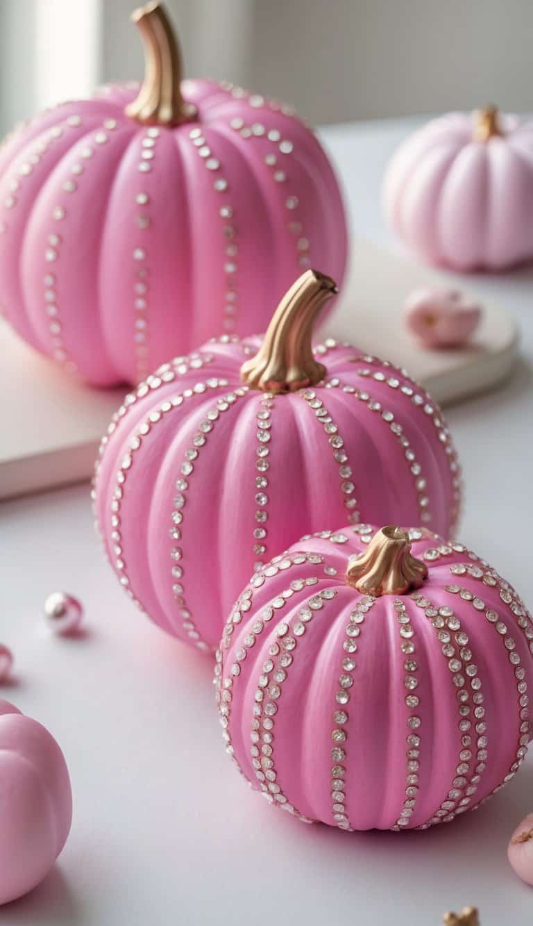 Close-up of one to two small pink pumpkins decorated with tiny rhinestones on a tabletop.