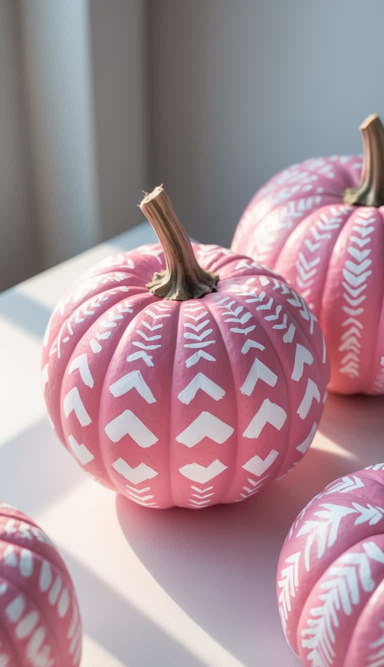 One to two pink pumpkins with white tribal patterns on a clean tabletop under soft daylight.
