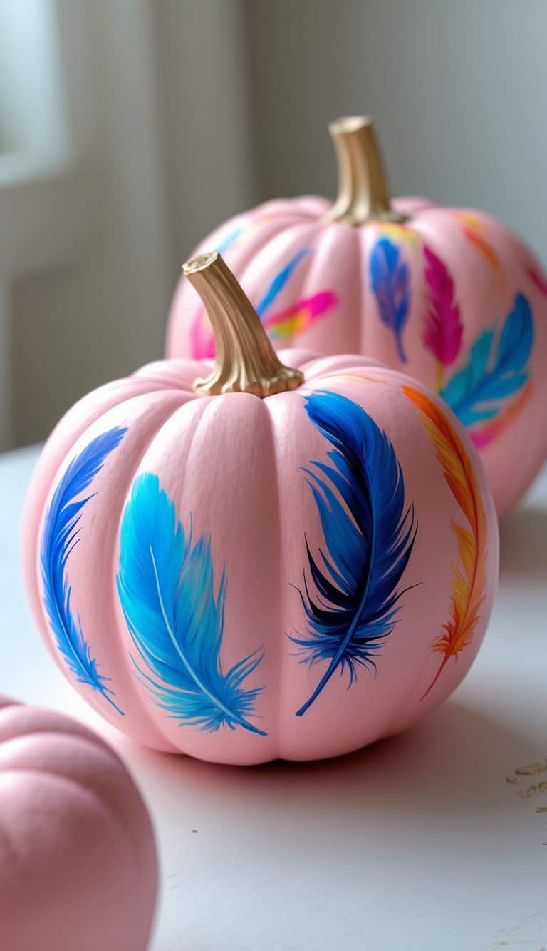 Close-up of one to two pink pumpkins hand-painted with colorful feather designs on a clean tabletop.