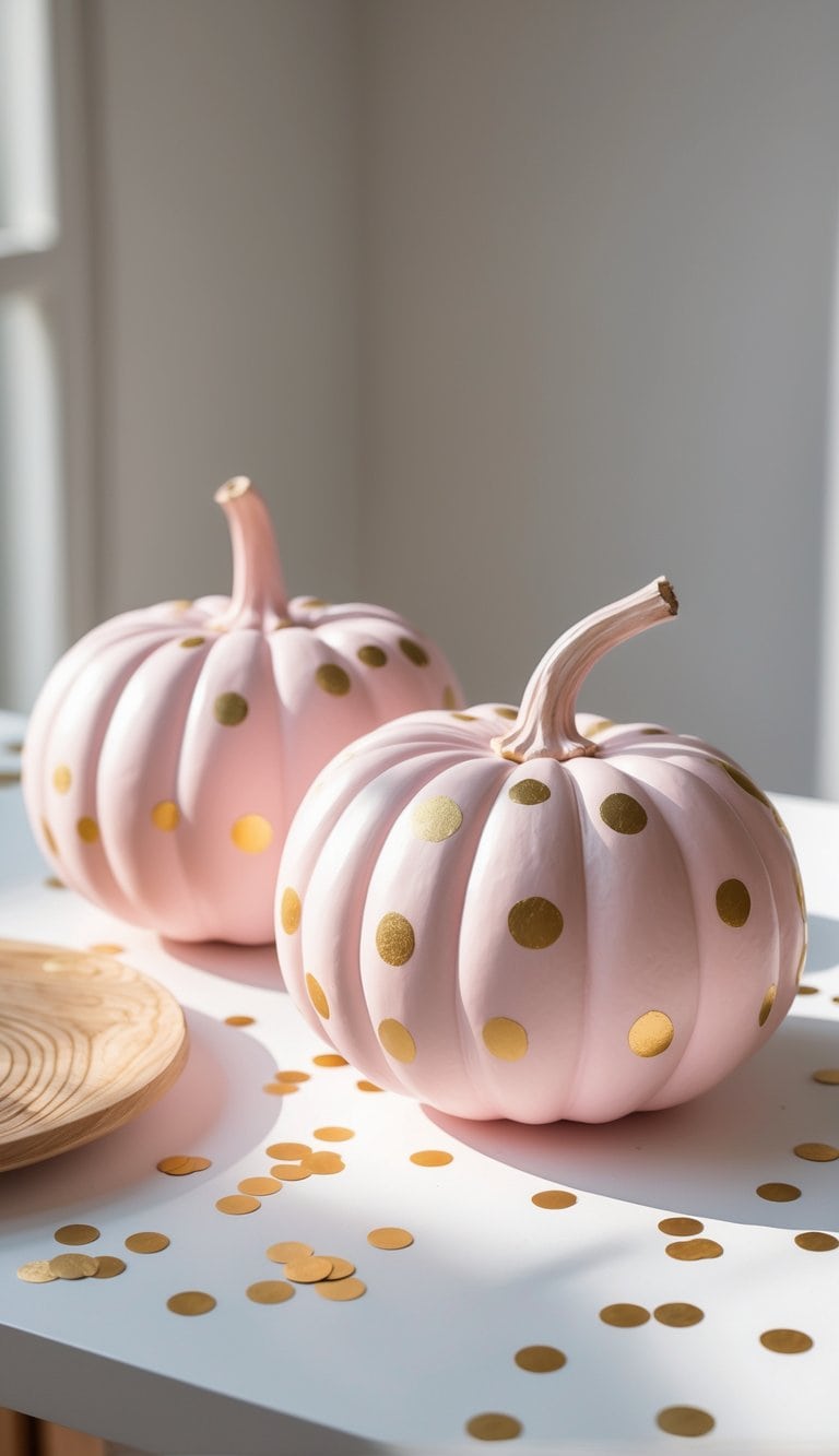 One to two pale pink pumpkins with gold dots on a tabletop, photographed up close with a clean background.