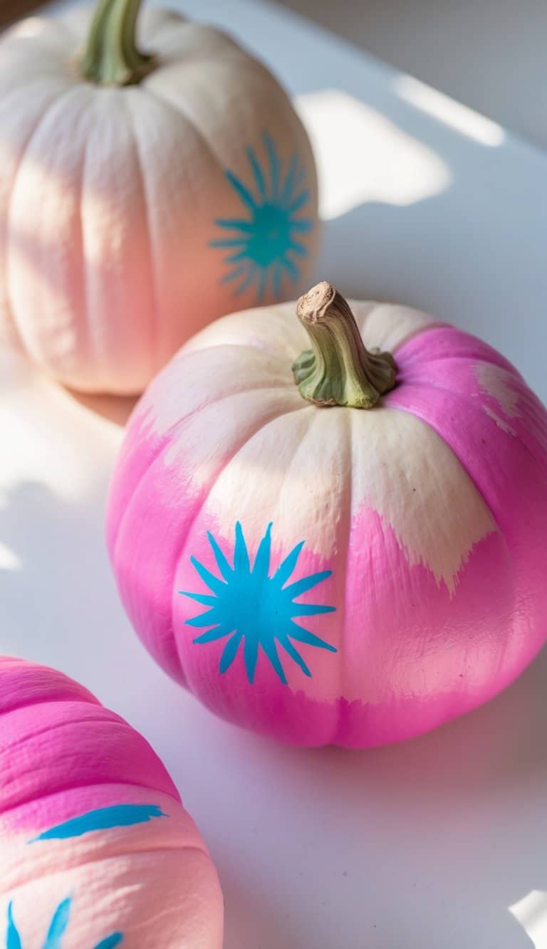 Close-up of one or two pink pumpkins painted with sunburst stencil designs on a clean tabletop.