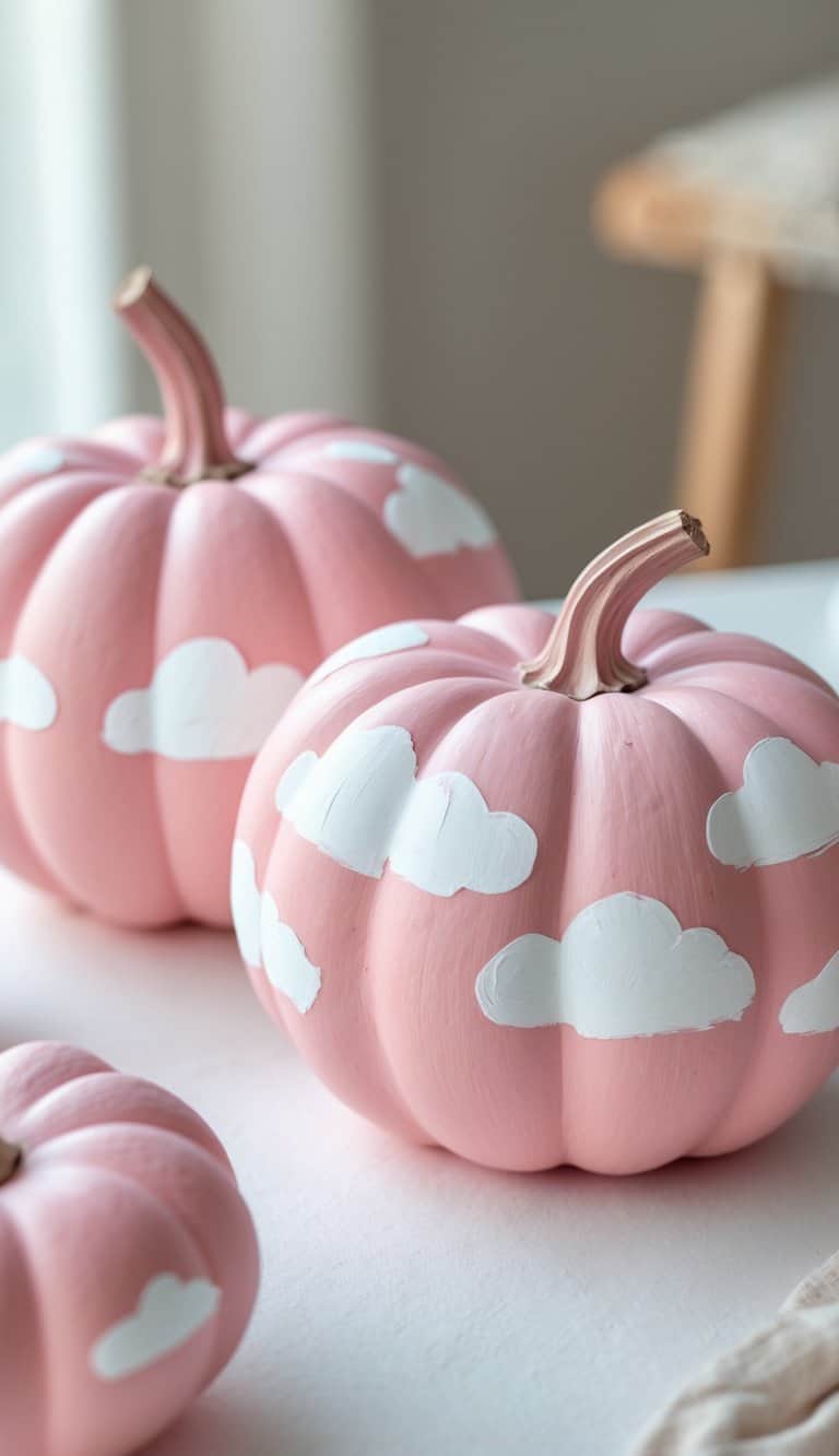 One or two pastel pink pumpkins painted with white cloud patterns on a tabletop.