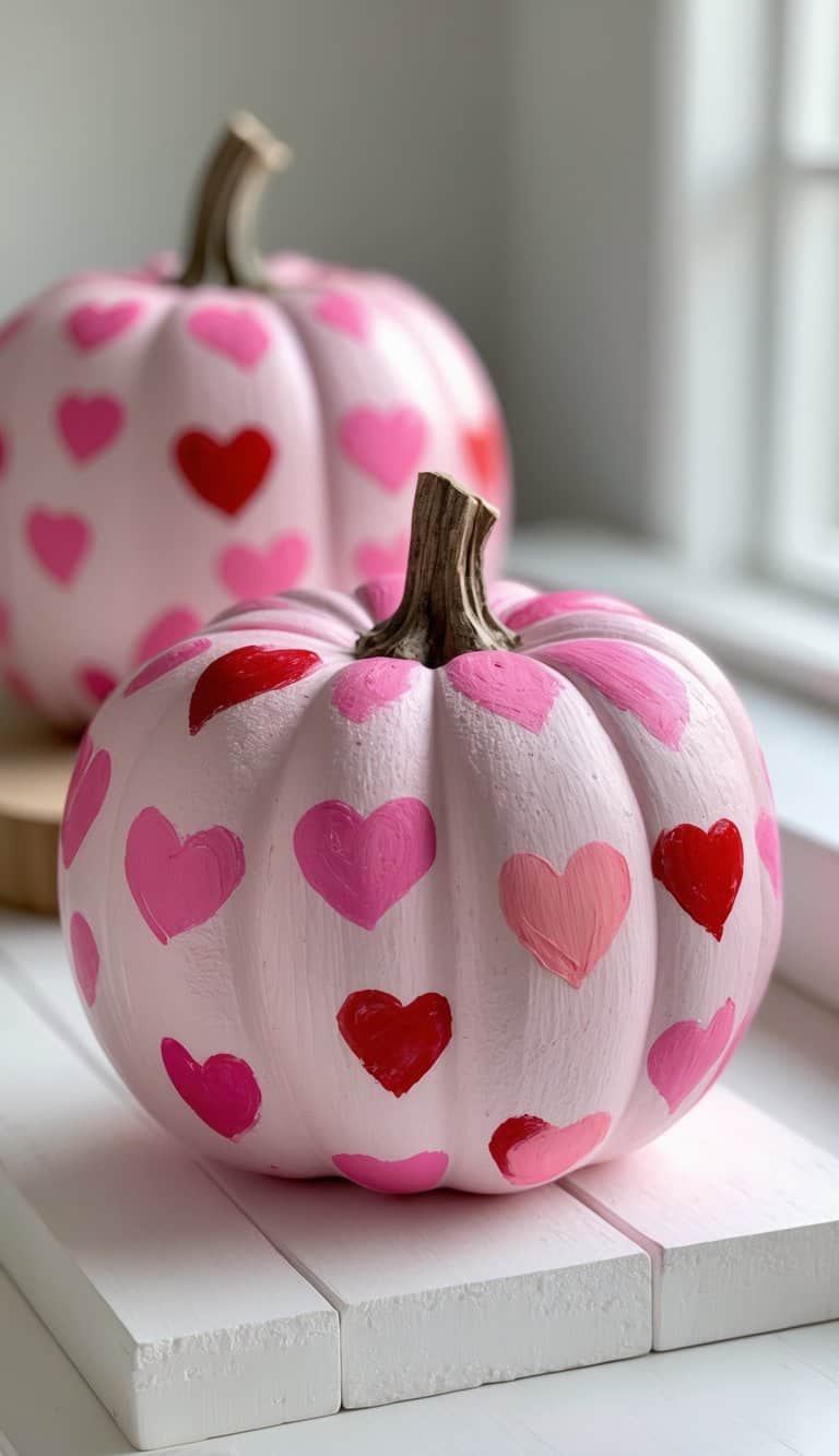 Close-up of one or two pink pumpkins painted with heart-shaped polka dots on a light tabletop.