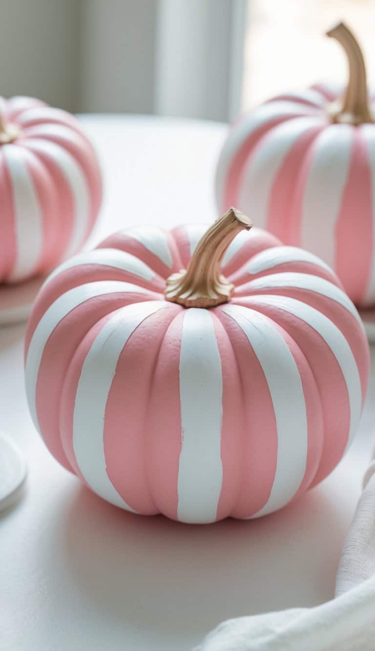 Close-up of one to two pumpkins painted pink with white stripes on a tabletop.