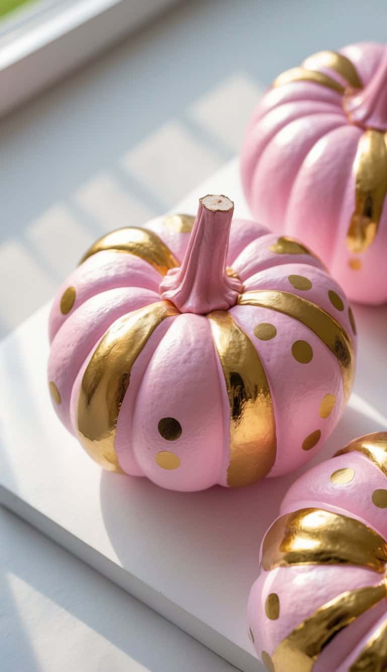 One to two pink pumpkins painted with gold polka dots and stripes on a clean tabletop.