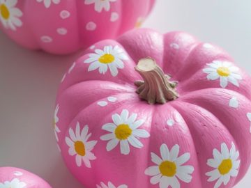 Three pink pumpkins decorated with hand-painted white daisies and yellow centers are arranged on a light surface.
