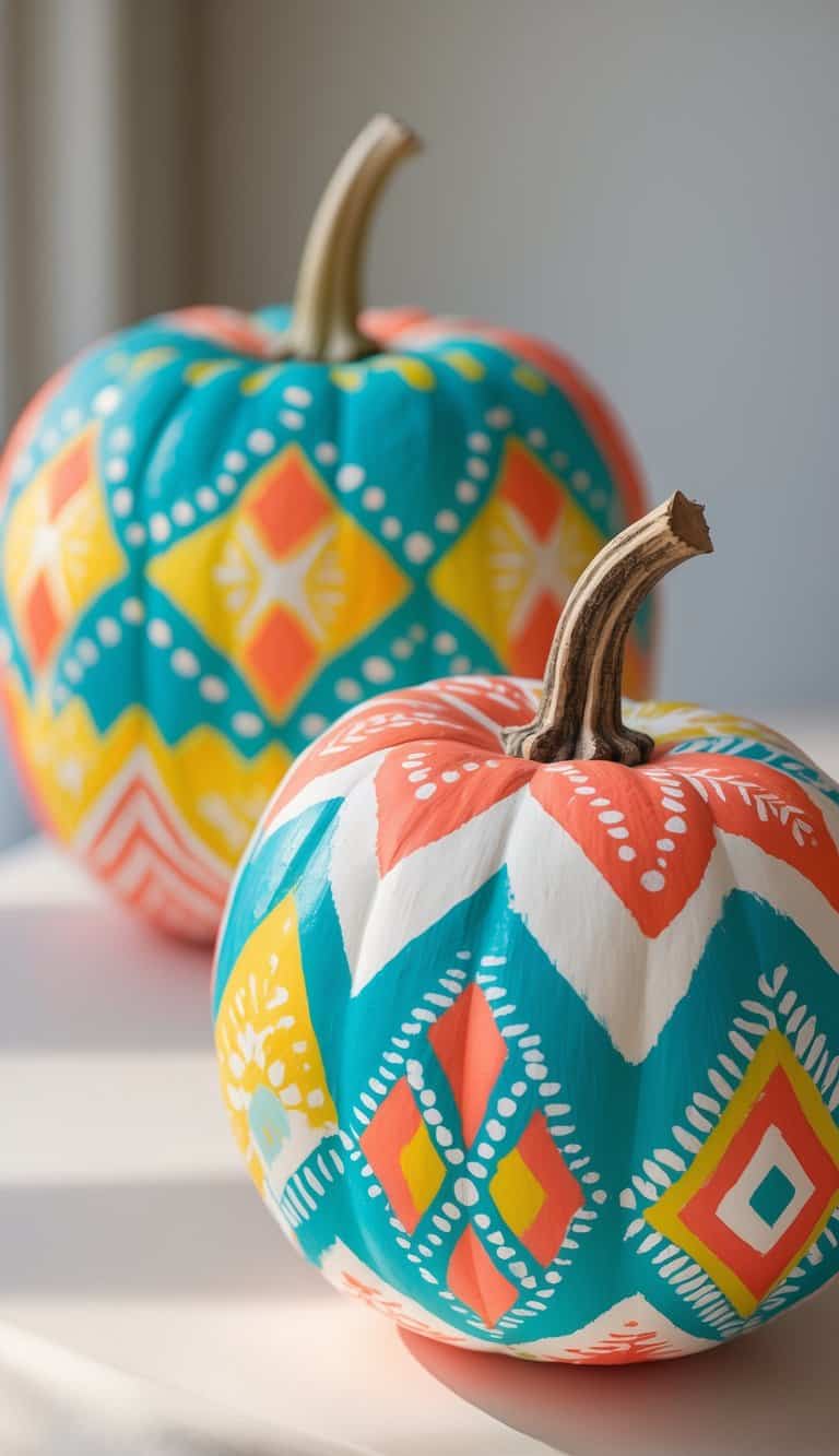 One to two pumpkins painted with colorful geometric Navajo patterns on a clean tabletop under soft daylight.