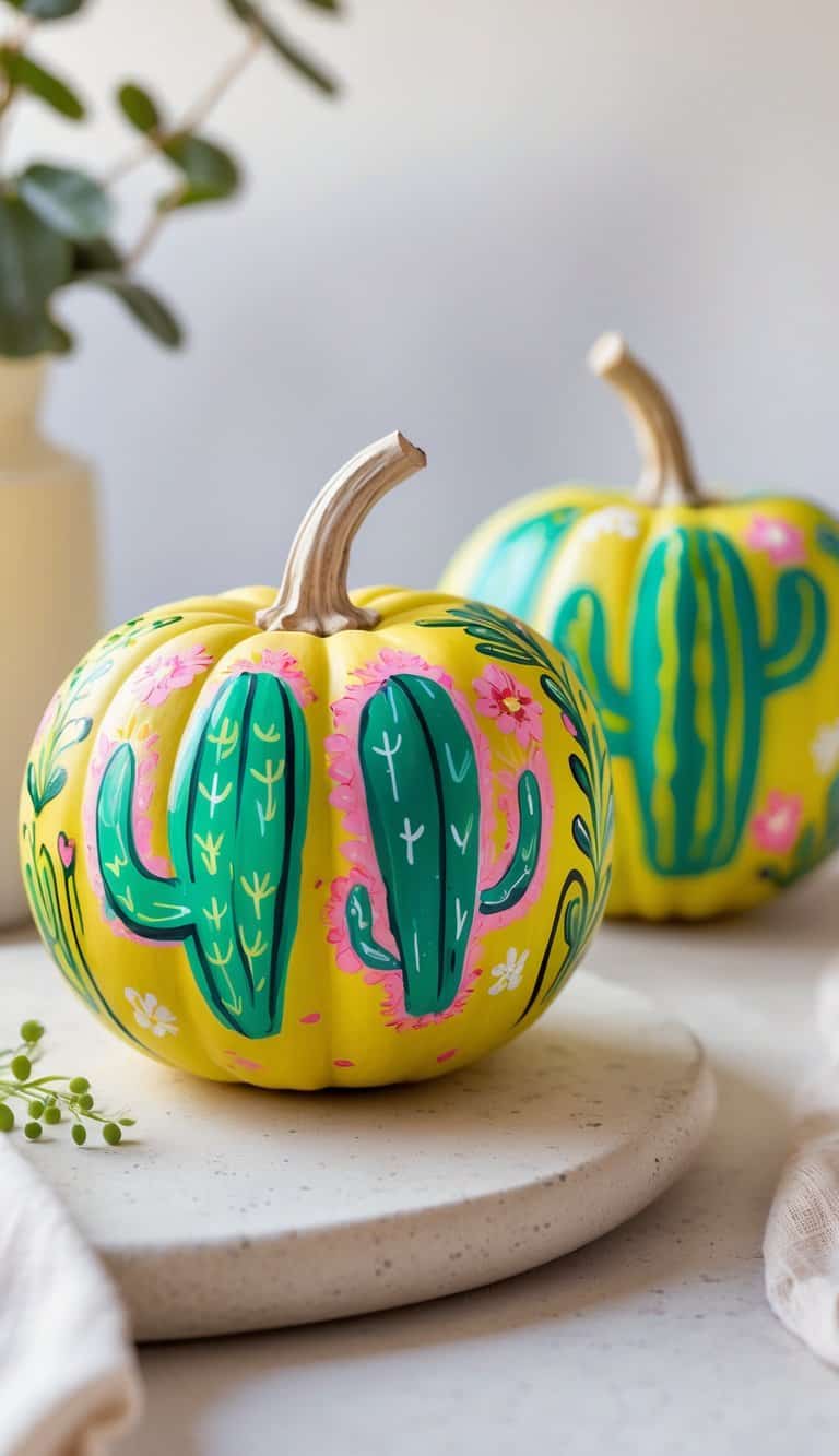 One to two pumpkins painted with colorful cactus designs placed on a tabletop with a simple background.