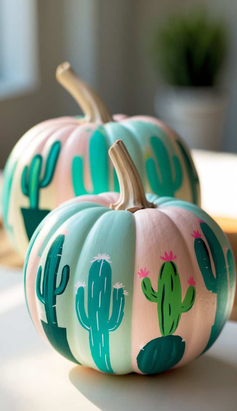 Close-up of one to two pumpkins painted with colorful cactus silhouettes on a clean tabletop.