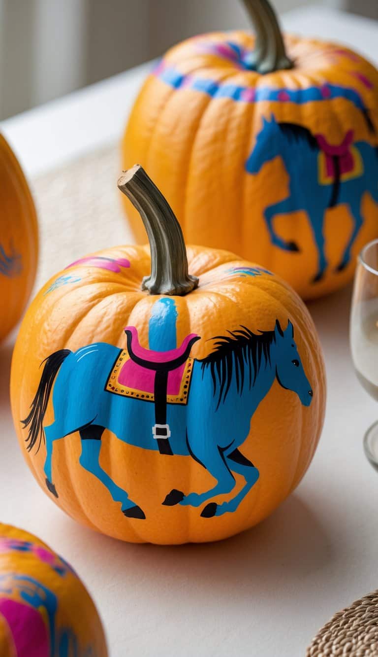 Close-up of one or two painted pumpkins on a tabletop, each featuring a colorful silhouette of a bucking bronco.